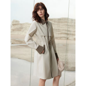 Modern Contrast Color High-End Dress Womens Autumn New Vintage Commute Loose Waist A-Line Skirt ELLE Style Long Sleeve Zipper Closure