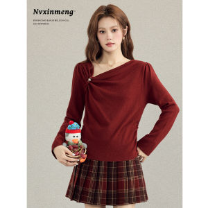Red Christmas Knitted Base Shirt Irregular Long Sleeve Womens Fashion Casual Style Slim Fit Design Autumn Winter Top