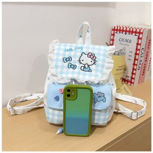 clu Little Fresh Blue and White Grid Backpack for Women Cute Cartoon Lightweight Versatile Travel Bag ulc