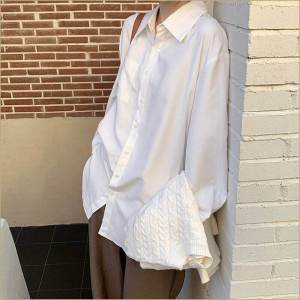 White Womens Shirt Spring Autumn New Loose Mid-Length Design Sensation Niche Inner Wear Base Long Sleeve Top Polyester Fiber