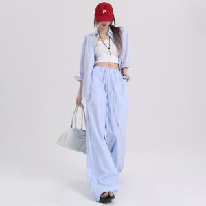 High Waist Wide Leg Casual Pants Women Summer Thin Lazy Feel Loose Floor-Length Blue White Striped Slimming Concealing Pants