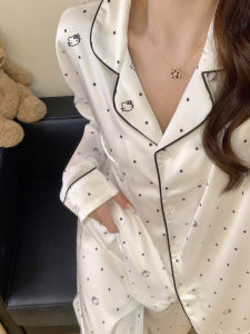 ชุดนอนผู้หญิงผ้าไหมน้ำแข็งแขนยาว กางเกงขายาว ลายจุด สีขาว ชุดนอนฤดูร้อนบาง ชุดนอนผ้าไหมน้ำแข็ง ชุดนอนฤดูใบไม้ผลิ ชุดนอนฤดูใบไม้ร่วง