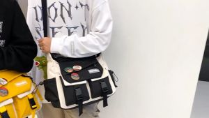 TOP WOMEN PH (Pins and Other Accessories Not Included) Multiple Pocket Crossbody Bag Large Capacity Canvas Material Messenger Street Style Bag School Season