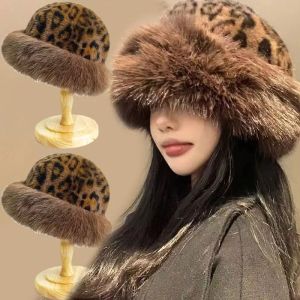 New Leopard Plush Bucket Hats for Women Winter Warm Panama Cap Faux Fur Fluffy Fisherman Hat Outdoor Windproof Pullover Beanies