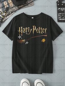 Hot Toys | Harry Potter Boys and Girls Broom Pattern Printed Fashion Loose Short Sleeve O-Neck T-shirt Children/Adults Summer Casual Top