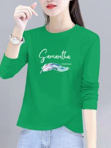 Pure Cotton Green Short Sleeve Womens T-shirt Long Sleeve Loose Fit High Waist Printed Korean Style Commute Fashion T-shirt