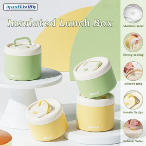 JustLiving 620+420ml 304 Stainless Steel Lunch Box Round Insulated Food Storage Box Sealed Thermos Food Container Lunch Bag Office Workers Lunch Box Students Portable Soup Cup Bag Lunch Box Bag