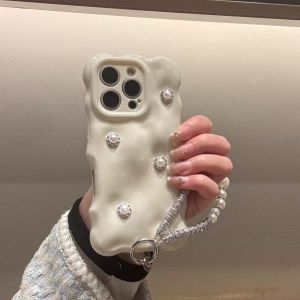 Ins White Pearl Lanyard Full Cover Protective Phone Case for  17Pro Max 16 15Pro Max 14 Unique High-End Anti-Fall Design