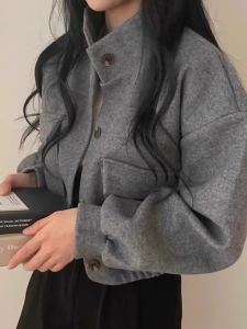Áo Khoác Len Cardigan Ngắn Phong Cách Hàn Quốc Thời Trang Thu Đông Mới Cho Nữ Dáng Rộng Cổ Đứng Thường Ngày Chất Liệu Khác 100%