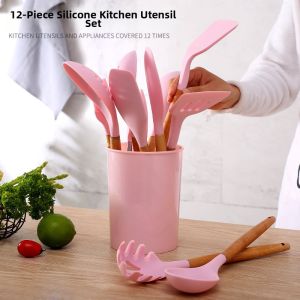 DOLO DAKING | Non-stick Silicone Kitchen Utensil Set Pink Wooden Handle