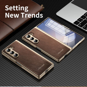 VIETAO Gold Plated Egde Anti-Shockproof Faux Leather Z Fold 7 Phone Case With Front Screen Glass Film For Galaxy Z Fold 7 6 5 4
