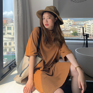 IELGY Japanese Style Simple Style Pure Cotton Dress Womens Summer New Loose All-match Mid-length Solid Color