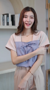 A24 เสื้อทํางานผู้หญิง เสื้อคอเหลี่ยม แต่งเชือกผูกเย็บติดกับตัวชุด Easter Egg