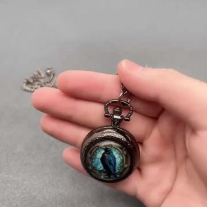 Unique Vintage Black Crow Mini Quartz Pocket WatchNecklace Pendant With World Time Feature Ideal Gift For Men & Women and Kids