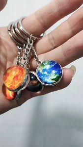 Glowing Earth Double Side Galaxy Glass Ball Keychain Ring Earth Moon Galaxy Planet Universe Keychain Glass Ball Pendant Starry Sky Solar System Pendant Key Ring Bag Accessories