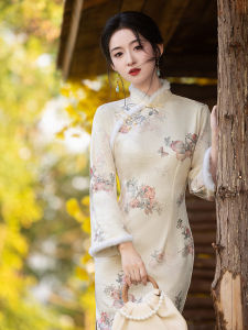 New Chinese Style Cheongsam Thickened Long Sleeve Fleece Lined Retro Young Womens Dress Winter Fashion Traditional Korean Hanbok