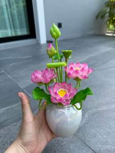 อ่างบัว อ่างมุก บัวหลวงดินปั้น ขนาดความสูง 9“