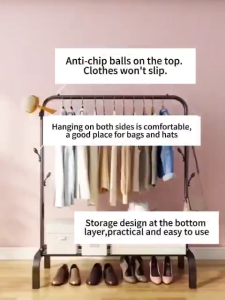 Double Pole Carbon Steel Heavy Duty Clothes Rack Space Saving Multi-Functional Wardrobe Organizer with Hooks for Bags/Hats