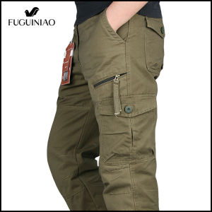 FUGUINIAO กางเกงทำงานต่อสู้ผู้ชาย กางเกงคาร์โก้ลำลองทหารมีหลายกระเป๋าผ้าฝ้าย