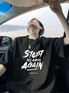 Heavy Weight Pure Cotton Short-Sleeved T-shirt Mens Summer American Fashion Brand Letters Print Loose Casual Couple T-shirt Top