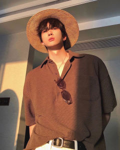 Advanced Waffle Polo Shirt Mens American Cityboy Loose Collar Design Workwear Trendy Short Sleeve Pure Color T-shirt