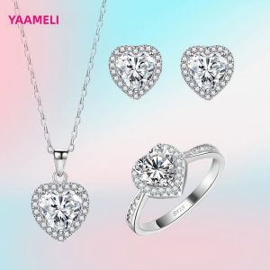 Cao Cấp Bạc 925 Màu Cubic Zircon Bộ Trang Sức Trái Tim Lãng Mạn Bông Tai Vòng Cổ Bộ Nhẫn Cho Nữ Sinh Nhật Lễ Tình Nhân Quà Tặng