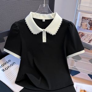 Slim Fit Short Sleeve T Shirt Women Summer New Style Shoulder Line Collar Doll Collar Polo Shirt Small Top Color Block