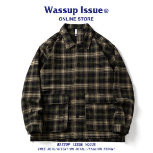 Wassup Issue Japanese Style Plaid Long Sleeve Mens Shirt Autumn Winter Thickened Fleece Retro Shirt Jacket Loose Fit Youth Fashion