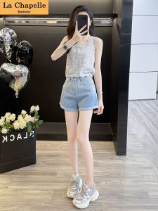 La Chapelle Fashionable Sportswear Set Knitted Vest And Denim Shorts High Waist Illusion Two Piece Summer Outfit Casual Wear