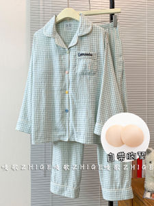 ชุดนอนผ้าไหมคอตตอนแขนยาวสไตล์หวานสำหรับผู้หญิงในฤดูใบไม้ผลิและฤดูใบไม้ร่วง ชุดนอนผ้าฝ้ายผสมแบบสวมสบาย ชุดนอนผู้หญิงในฤดูร้อน ชุดนอนผ้าฝ้ายผสม