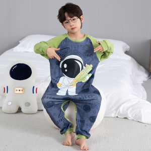 Childrens One-Piece Pajamas Boys Spring and Autumn Pure Cotton Long Sleeves Thin 2024 New Arrival Boys One-Piece Sleeping Bag Homewear