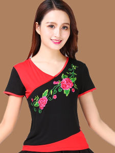 New Square Dance Outfit Summer Practice Costume Embroidered Short Sleeve Top for Women Fitness Yoga Sports Dancewear
