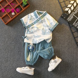 Lightweight Summer Hanfu Childrens Costume Boys Tang Suit National Style Performance Outfit Traditional Classical Print Cotton Blend