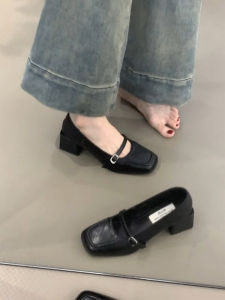 French Vintage Black Leather Shoes Womens Autumn New Square Head Thick Heel Mary Jane One Strap High Heel Elegance Single Shoes