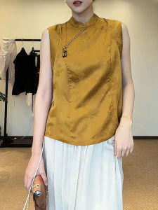 QINGNAER | New Chinese Style Fashion Large Size Sleeveless Collared Slimming Yellow Tank Top
