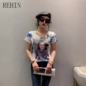 REHIN Womens top Summer new fashion Unique Sweet girl print short-sleeved T-shirt cotton S-3XL slim fit bottoming shirt