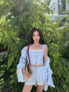 Schweelegant Casual Stripe Shirt Lace Trimmed Casual Pants Set Womens Fashion Summer Outfit Garden of Angels Brand