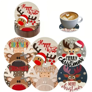 A charming 6-piece set of wooden Christmas coasters suitable for round design heat-resistant and anti-slip - ideal for home de