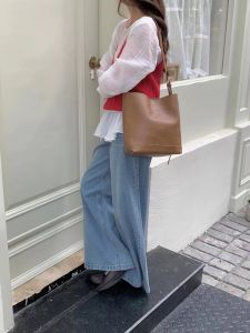 Soft Leather Bucket Bag Womens Crossbody Pure Color Armpit Korean Style Retro Feelings Commuting Handbag Bamboo Shoots