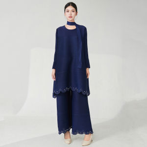 Plus Size Miyake Pleated Pants Set - Loose Fit Palazzo & Top 2PC Outfit Wrinkle Free Casual Elegant Travel Wear for Women (Free Shipping)[2574zsj]