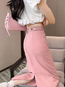 Váy Mini Denim Chữ a Cạp Cao Màu Hồng Cho Nữ Mùa Hè Mới Tươi Mới Giảm Tuổi Tác Hình Quả Lê Váy Midi Chữ a Cạp Cao Thon Gọn