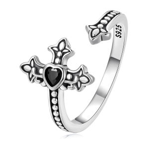 BAMOER Real 925 Sterling Silver Black Zironium Heart Cross Open Ring for Women Fine Jewelry Statement Wedding Band Gift BSR298