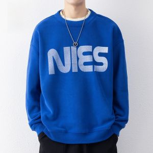 ROMON | Loose Fit Mens Long Sleeve Crew Neck Sweatshirt Casual Comfortable Orlon Fleece Print T-Shirt Fashionable Spring Autumn Top