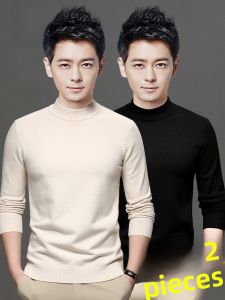 ROMON | Romon Mens Knitted Sweater Slim Fit Half High Collar Pure Black Base Layer Fashionable Autumn Season Casual Wear