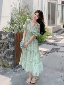 Summer New Style Slimming Summer Long Skirt Floral Embellished Chiffon Beach Holiday Tea Break Dress Womens Korean Version Commute Dress