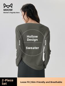 MiiOW | Cat Lady Elegant Hollow Out Long Sleeve Knitted Modal Womens Base Shirt Yoga Round Neck T-Shirt Soft Comfortable Autumn Wear