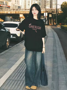 Summer Short Sleeve T-Shirt Womens Black Pure Cotton Loose Fit round Neck American Style Top Trendy T-Shirt Korean Style Commute