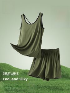 Miiow | Cat Woman Sleeveless Vest Sleepwear Summer Thin Built-in Chest Pad Solid Casual Womens Home Clothes Set Round Neck Short Pants