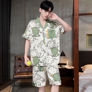 MiiOW | Mens Summer Ice Silk Cool Feeling Short Sleeve Sleepwear Two-Piece Set Casual Open Cardigan Home Clothes Can Be Worn Outside