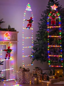 Christmas Decorations Santa Claus Climbing Ladder Hanging Lamp Glowing Scene Arrangement Outdoor Tree Atmosphere Decoration Photo Prop
